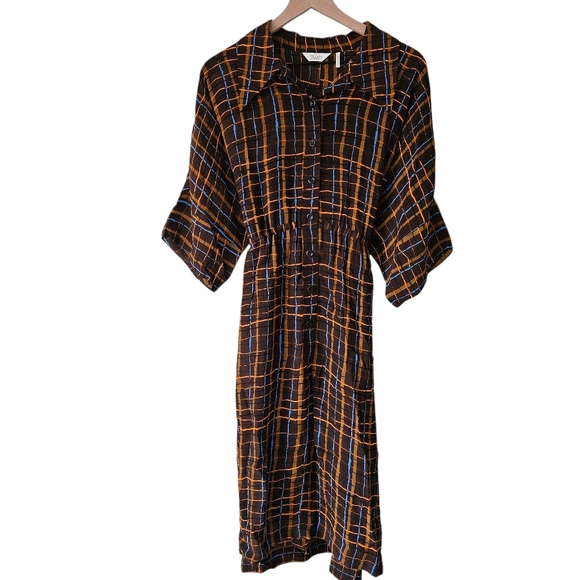Toast Brown Check 3/4 Sleeve Button Front Shirtdress